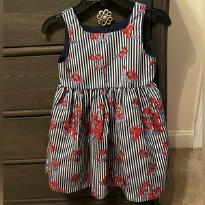 Pippa & Julie navy and white striped dress with red flowers girl 6 EUC